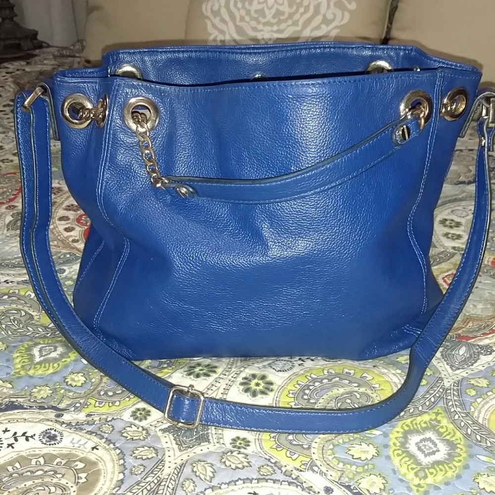 Audrey Brooke genuine leather bold blue handbag