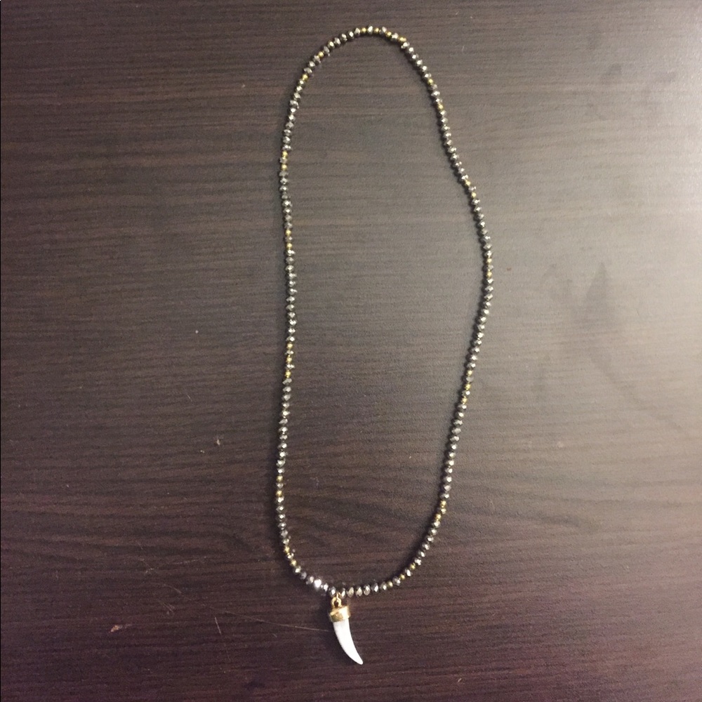 Beaded shark tooth necklace, shiny sliver beads