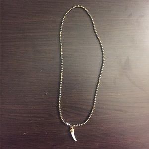 Beaded shark tooth necklace, shiny sliver beads