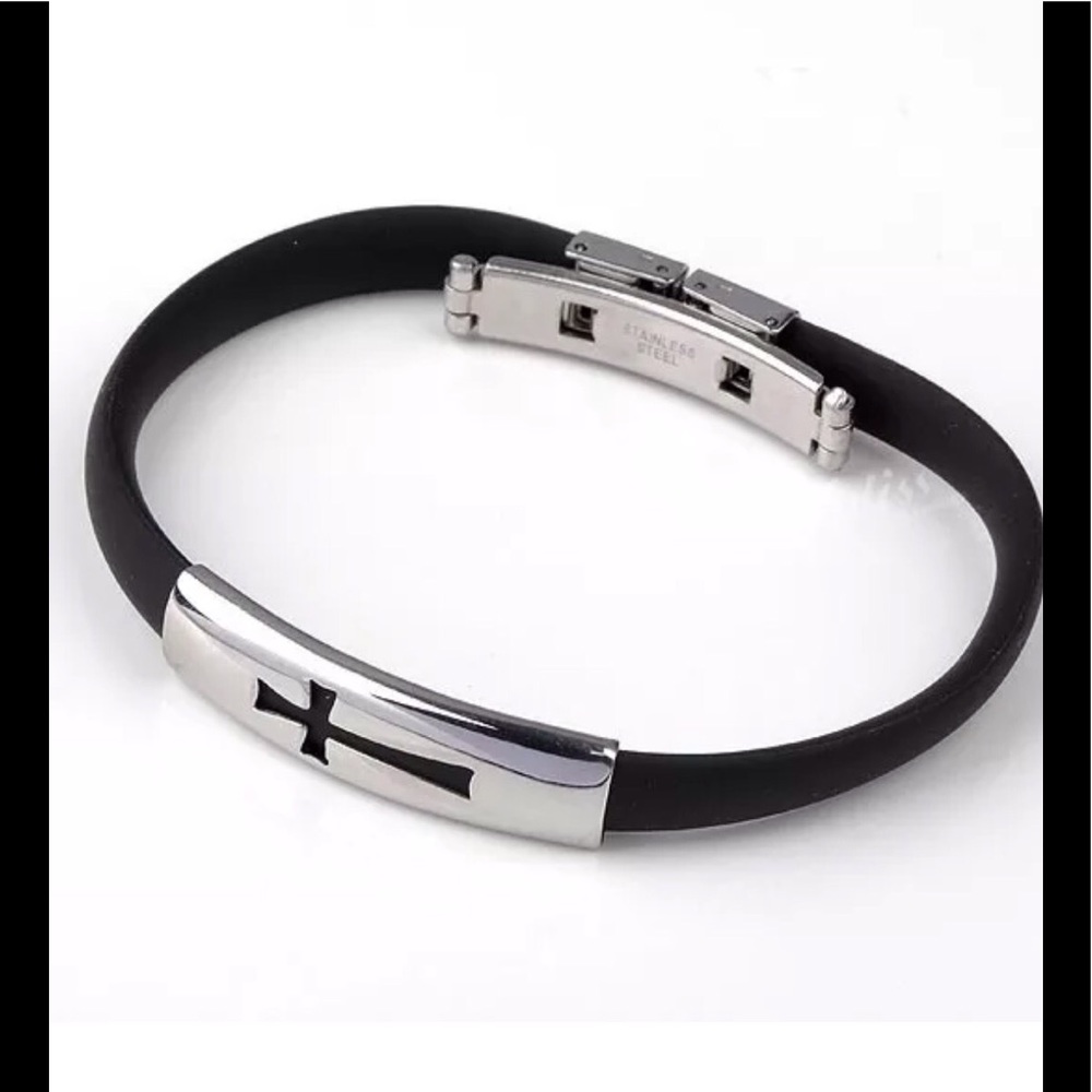 Silver Cross Stainless Steel Black Rubber Bracelet