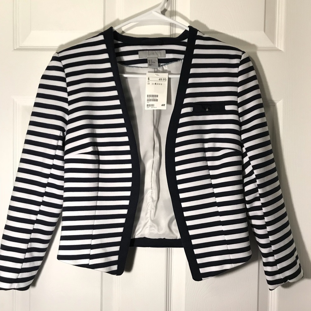 Navy Blue & White Striped Blazer Jacket Size 6 NWT