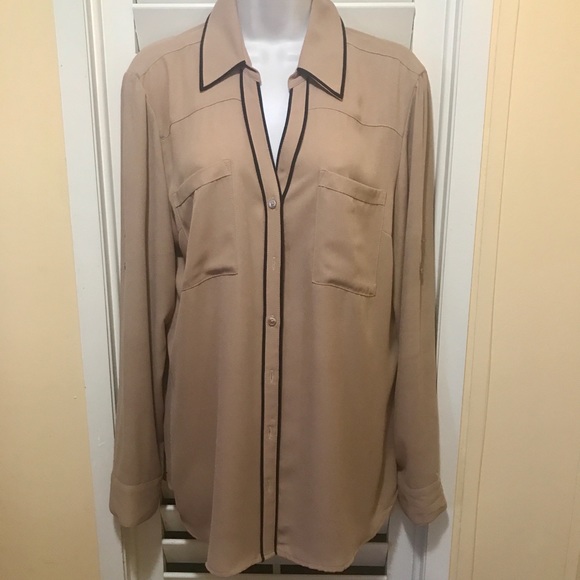 Express Tops - Express Long Sleeve Beige/Black Colors Blouse