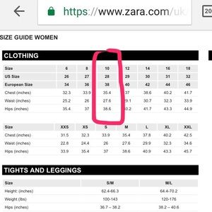 Zara Size Chart Inches