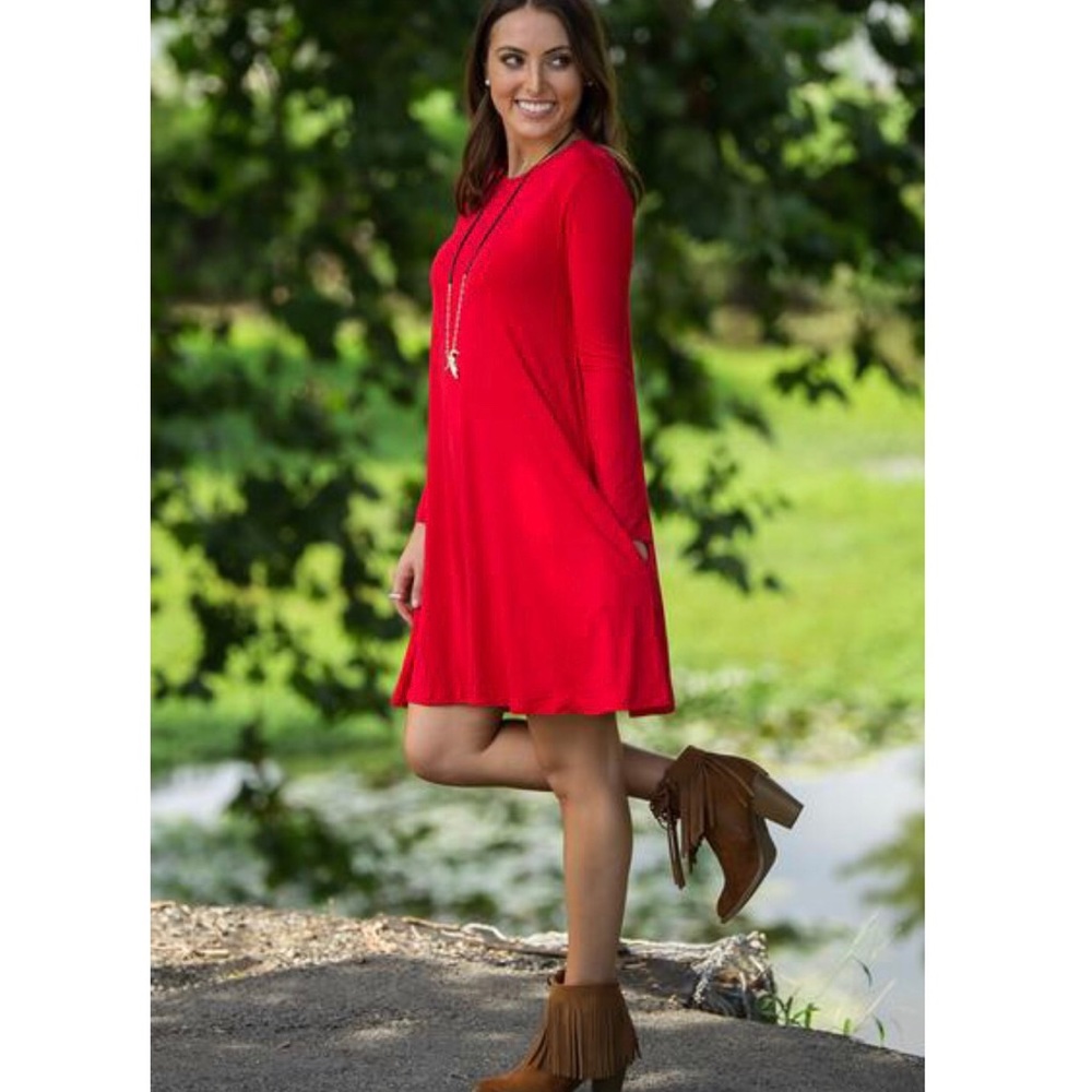 Red Long Sleeve Swing Dress
