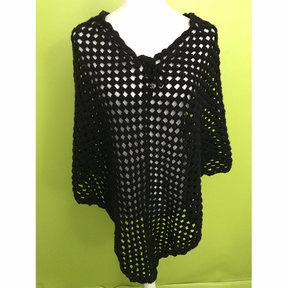 Diamond See Thru Knit Black Cape Poncho One Size
