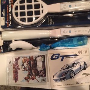Wii GT pro wheel controller, tennis racket& more
