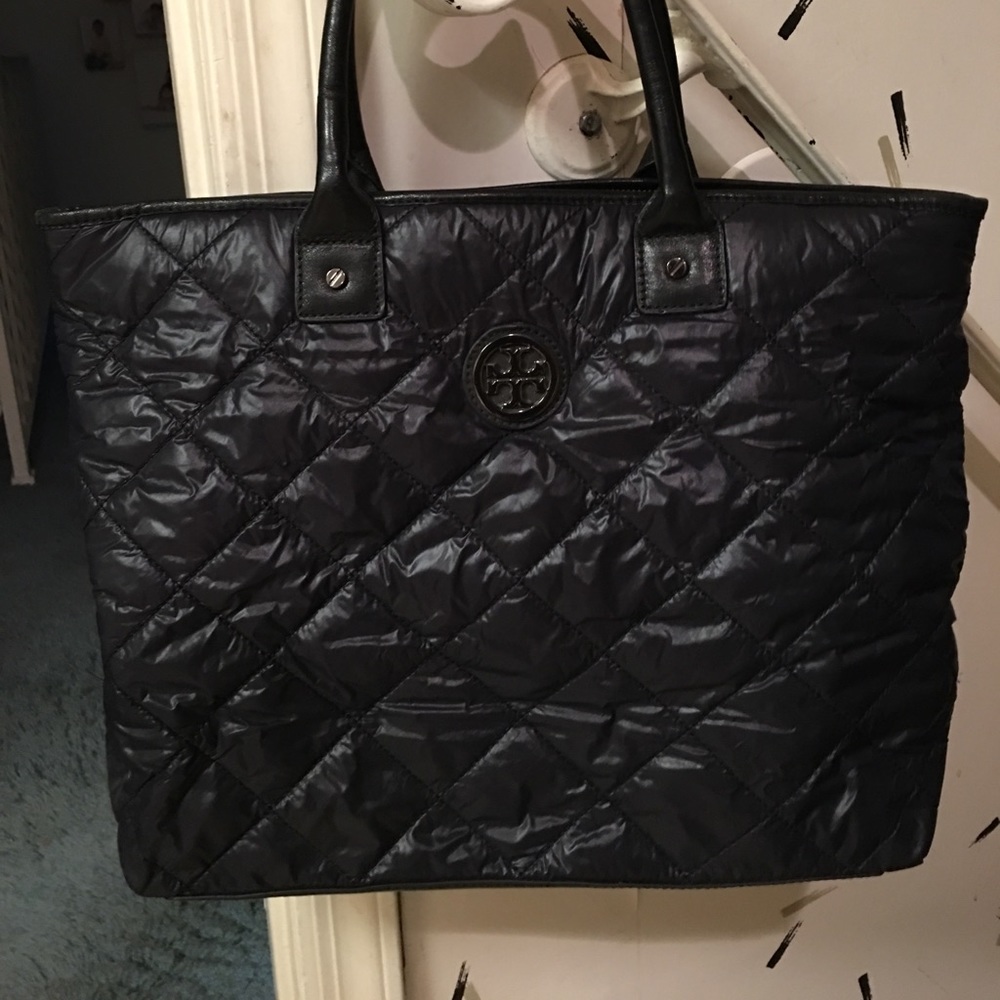 Tory Burch black nylon handbag with leather straps