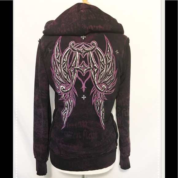 Affliction Tops - Affliction Purple & Black Zip Up Hoodie