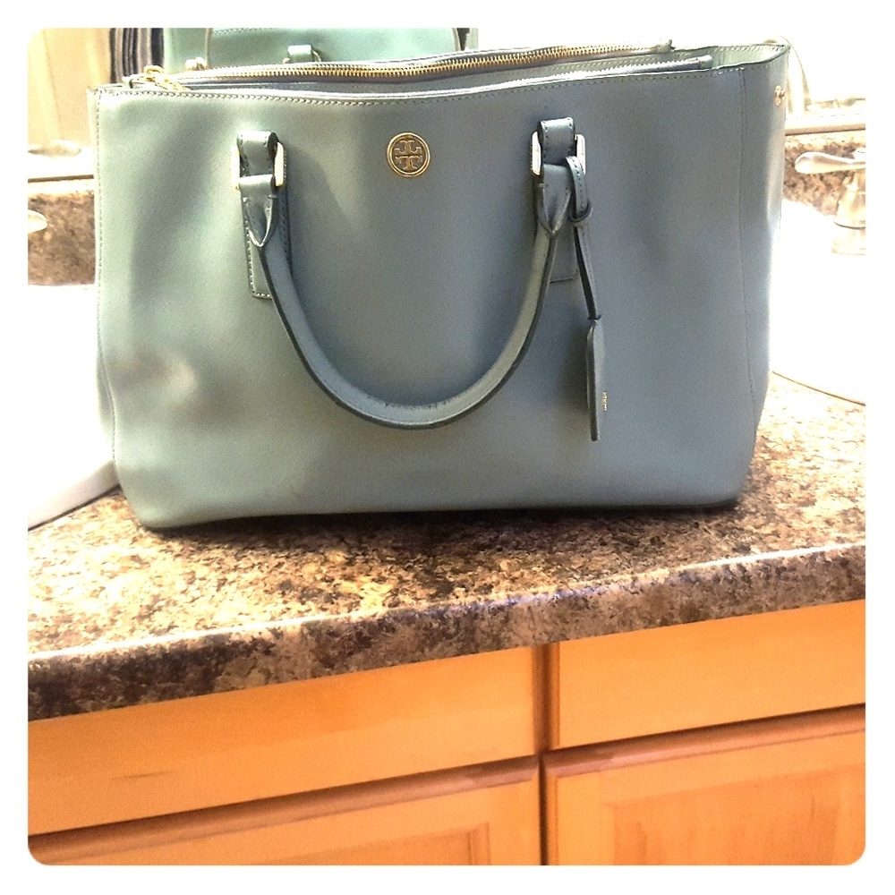 Tory Burch Robinson Double Zip Pale Blue Satchel