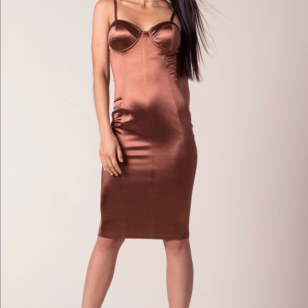 Brown satin bustier midi dress