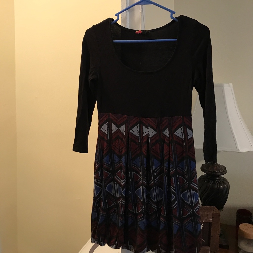 Black dress with red and blue pattern