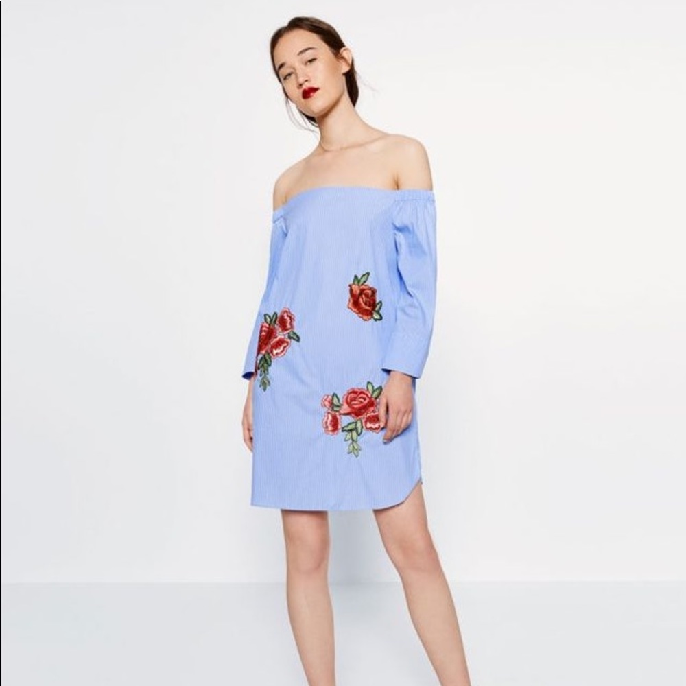 ZARA blue/white stripe dress w rose embroidery