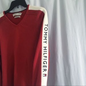 red tommy hilfiger v neck sweater