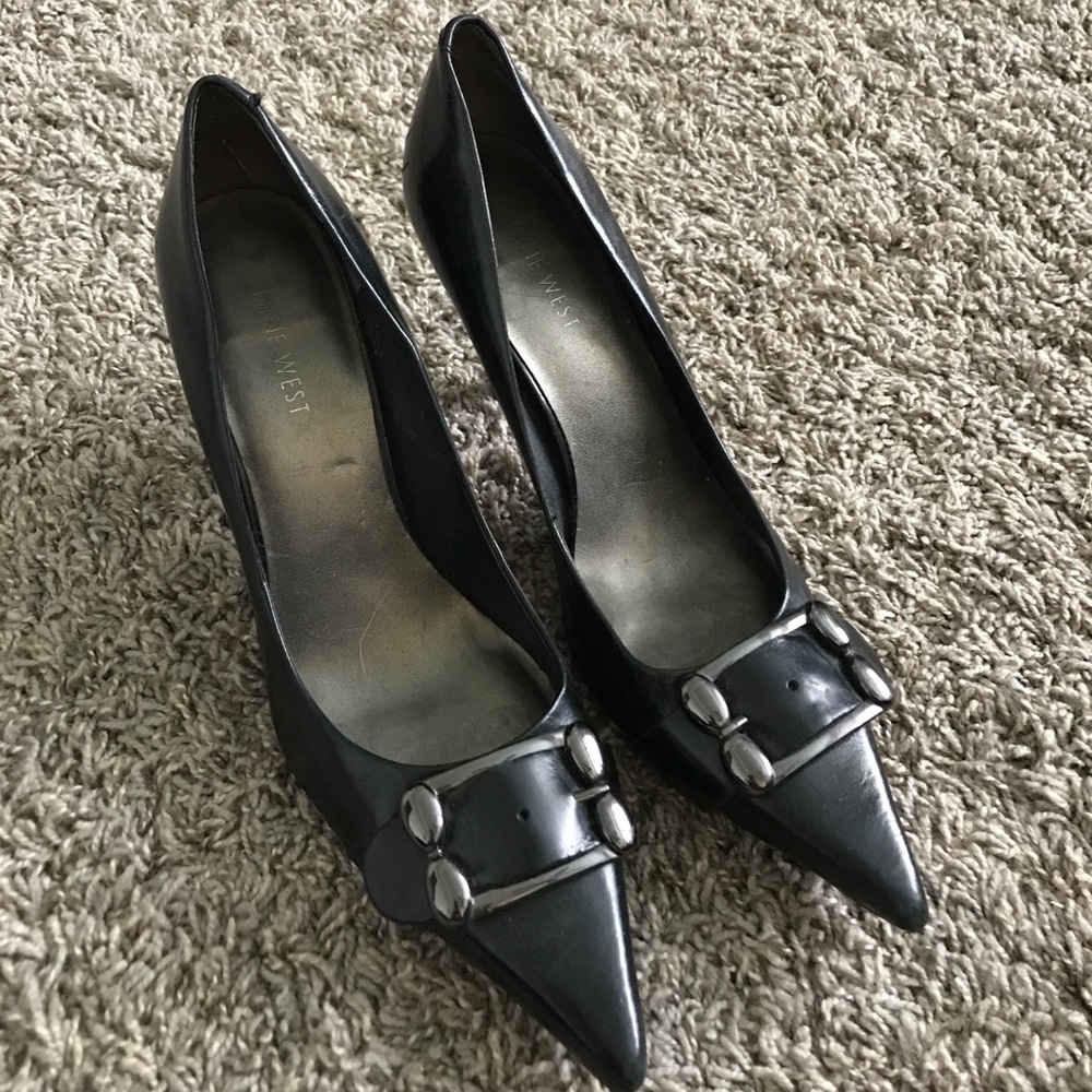 Nine West black heels with buckle detail