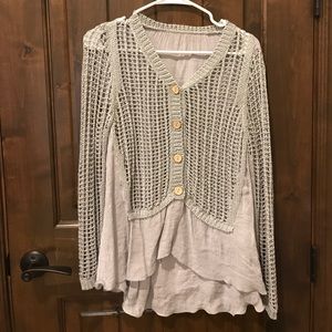 Open weave layered look knit top with wood buttons