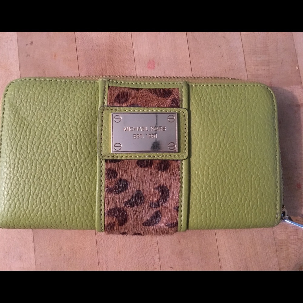 MK green leather and leopard wallet