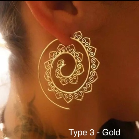 Boho Geometric Big Swirl Round Hoop Punk Earrings - Picture 3 of 8