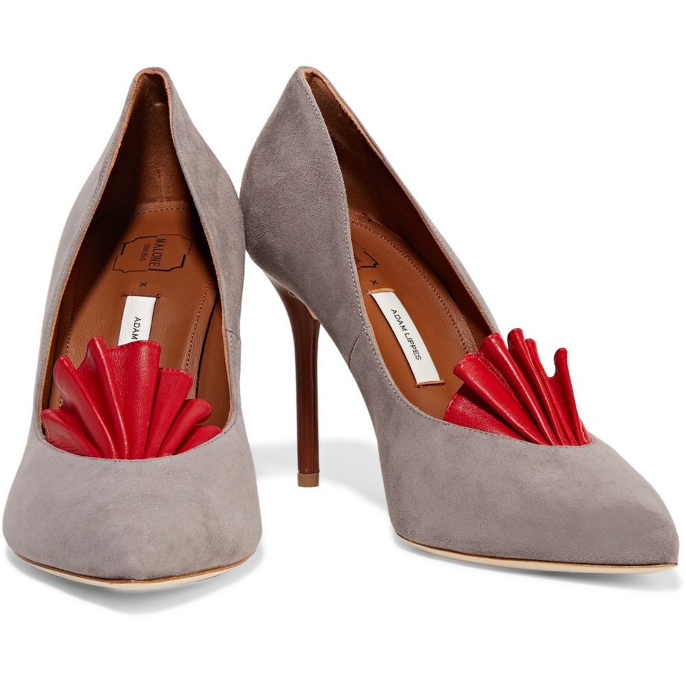 Adam Lippes Grey Suede Red Ruffle Pumps