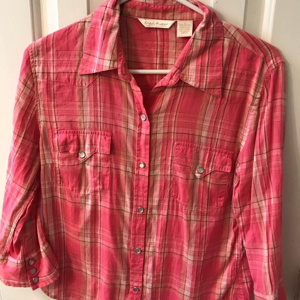 Like new pink plaid shirt with silver snaps