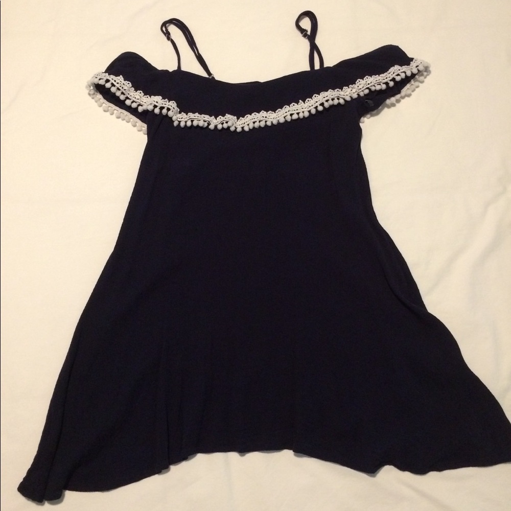 Navy off the shoulder dress with ruffle top