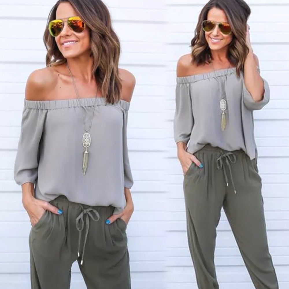 Pale Grey off the Shoulder Top
