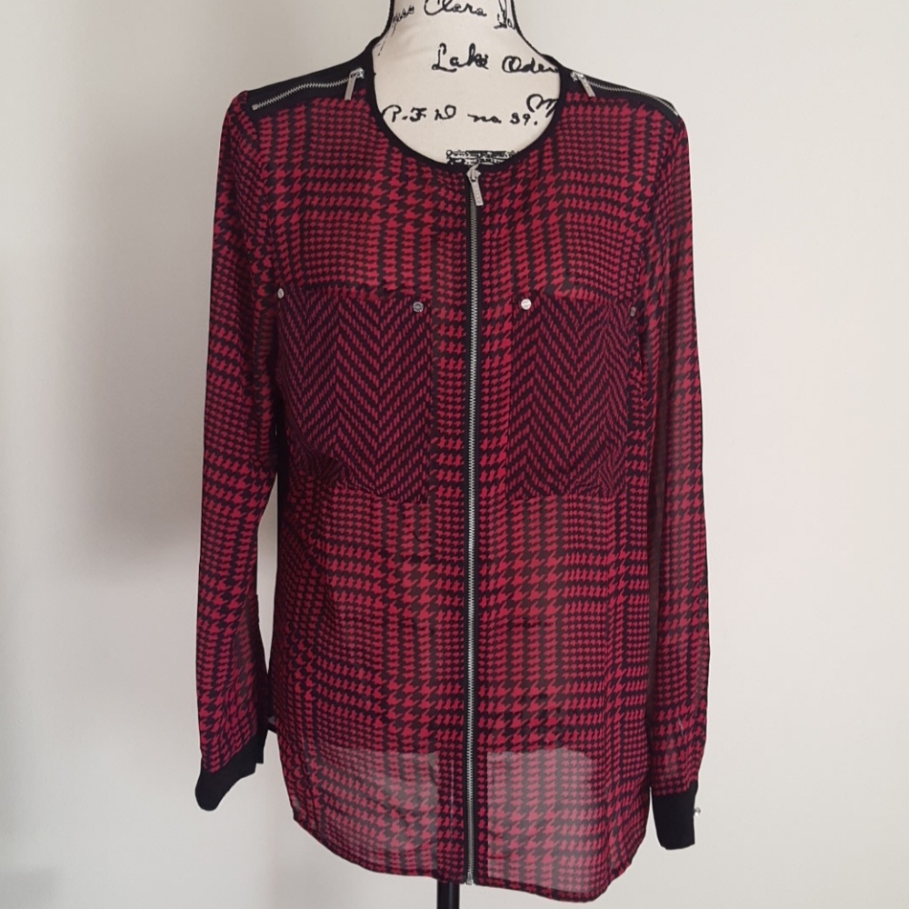 Michael Kors || Sheer Houndstooth Zip Blouse