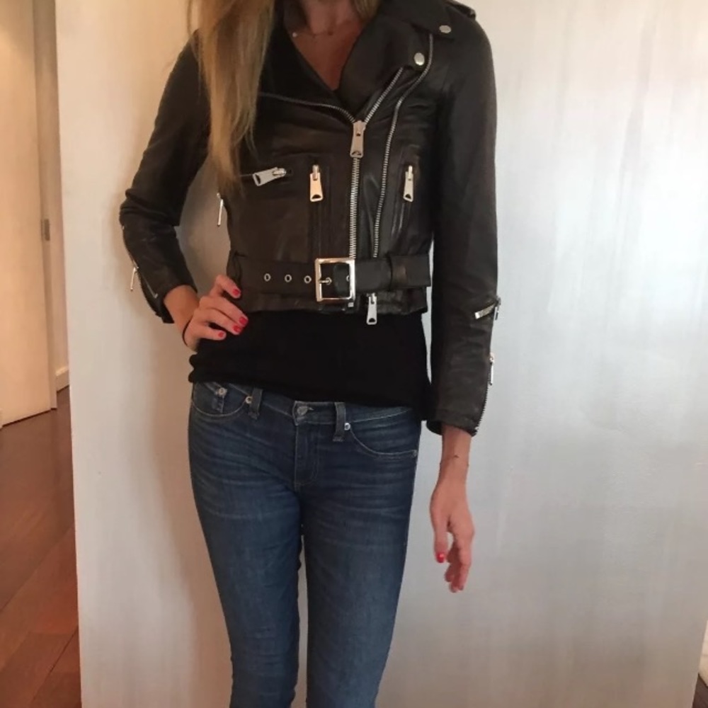 R13 black leather shrunken Moto jacket - Picture 3 of 8