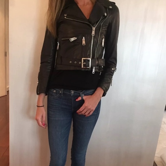 R13 black leather shrunken Moto jacket - Picture 6 of 8