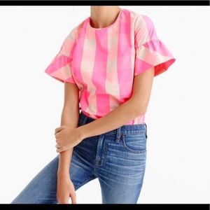 J. Crew Buffalo Check Hot Pink Ruffle Sleeve Top