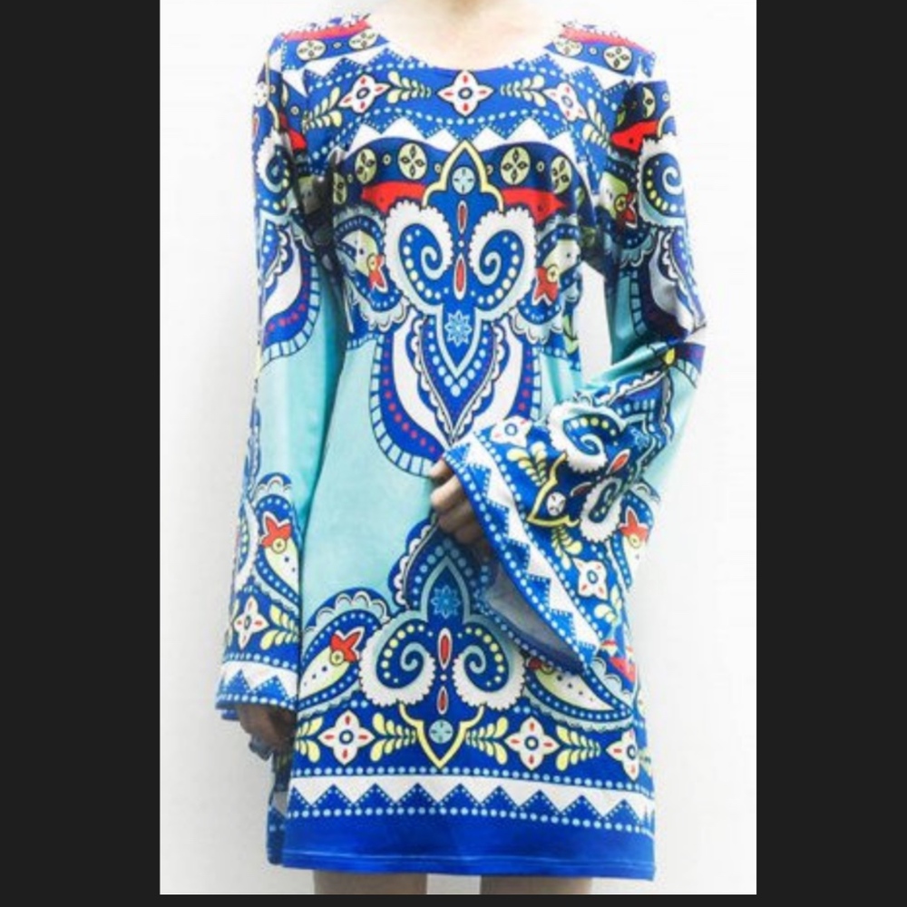 NWT ETHNIC SCOOP NECK PRINT BLUE DRESS
