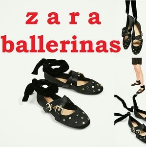 ZARA Gold Studs Bow Black Ballerinas