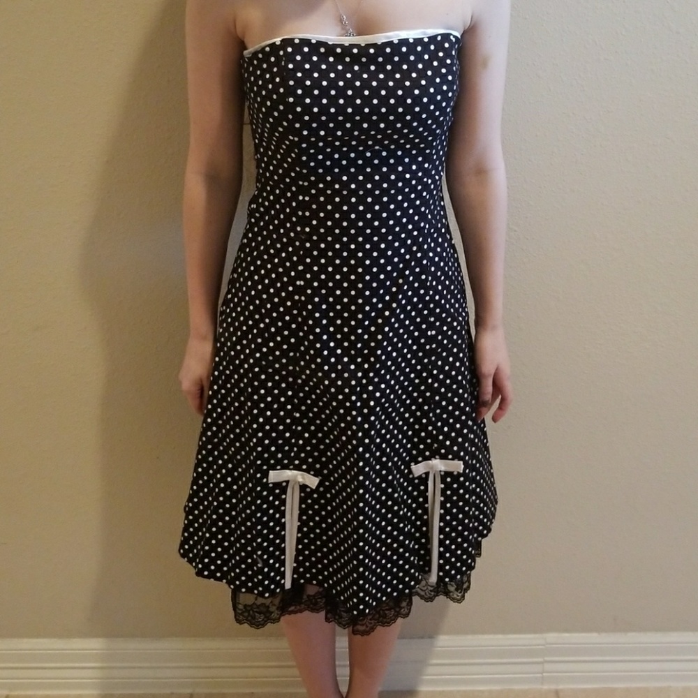 Black and white polka dot dress with lace detail
