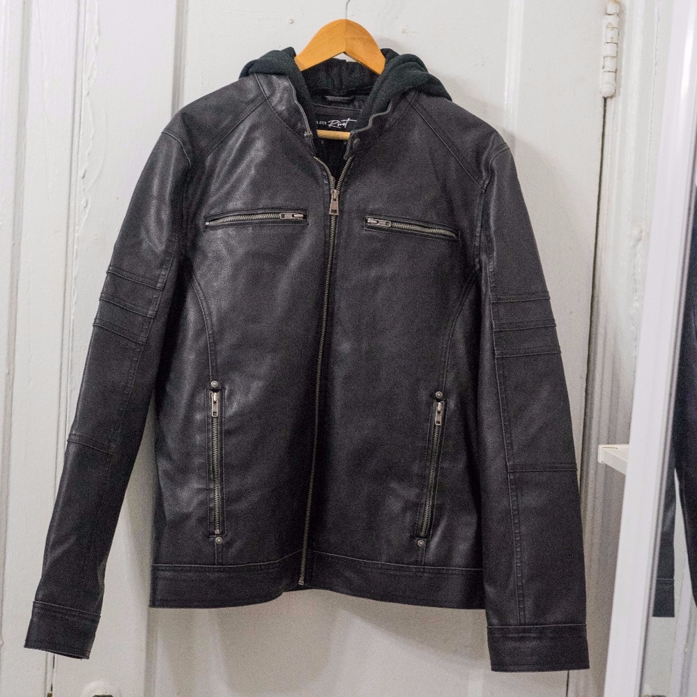 Black Rivet Leather Jacket w/ Removable Hood