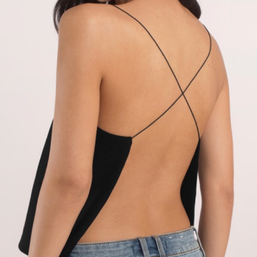 backless black tank top with string straps
