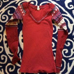 Red Free People embroidered v-neck thermal XS