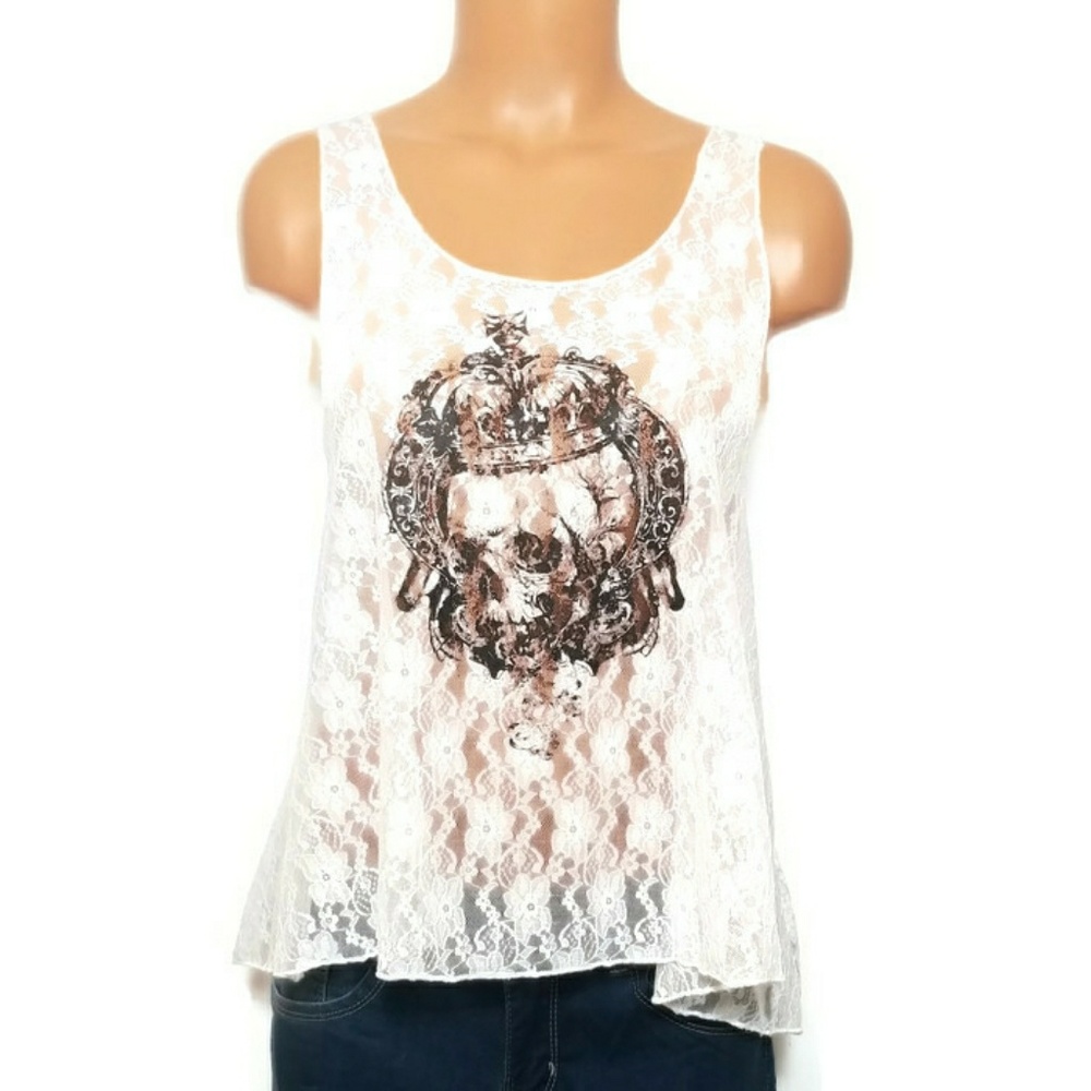Lolo White Lace Black Skull Swing Tank Top Small