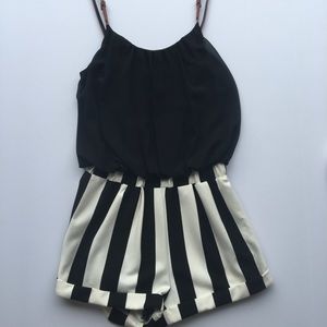 Double Zero Striped Romper with Leather Straps - S