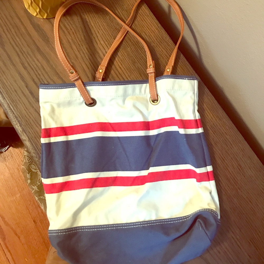 ⭐️Red, white, blue canvas bag with leather straps