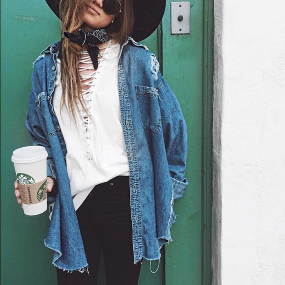 LF-Distressed Denim chambray shirt