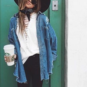 LF-Distressed Denim chambray shirt