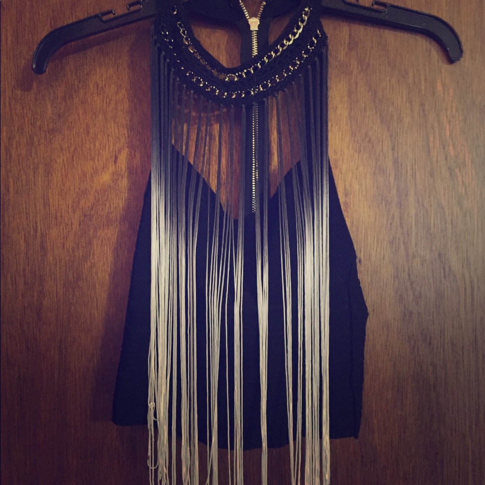 BEBE ombré fringe halter top