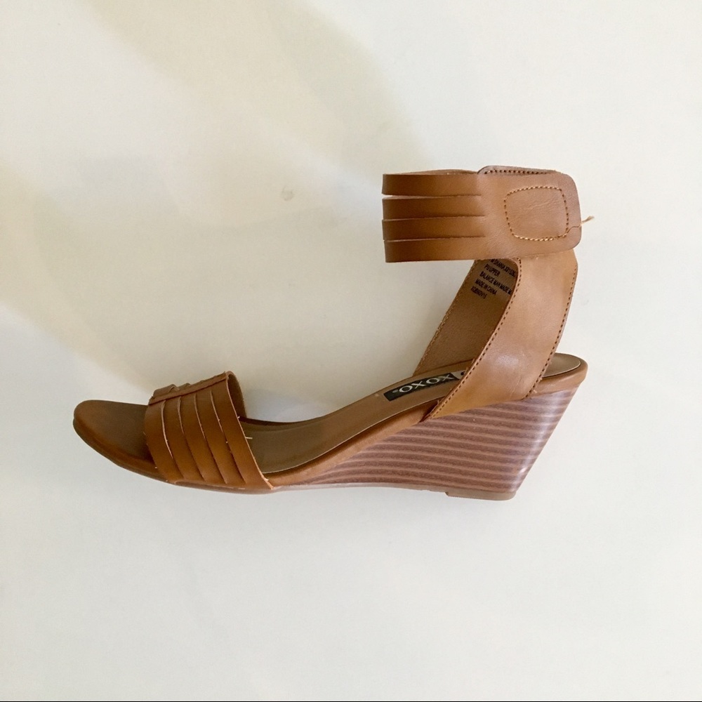 Tan ankle strap wedge sandal