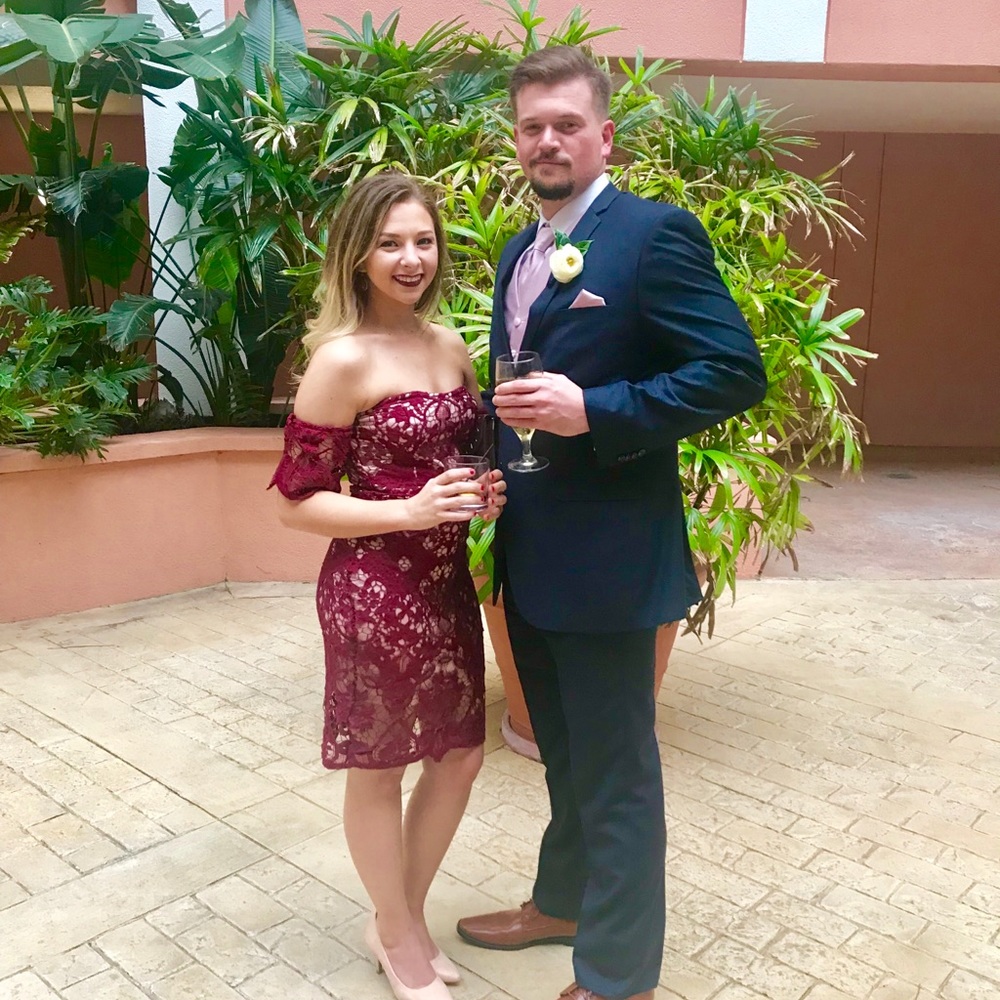 Burgundy + Tan OTS fitted cocktail dress sz M