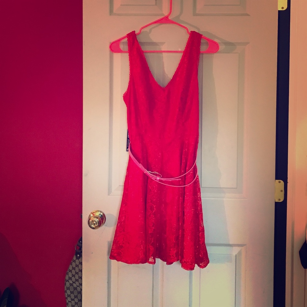 Red v neck dress with hot pink belt from Express