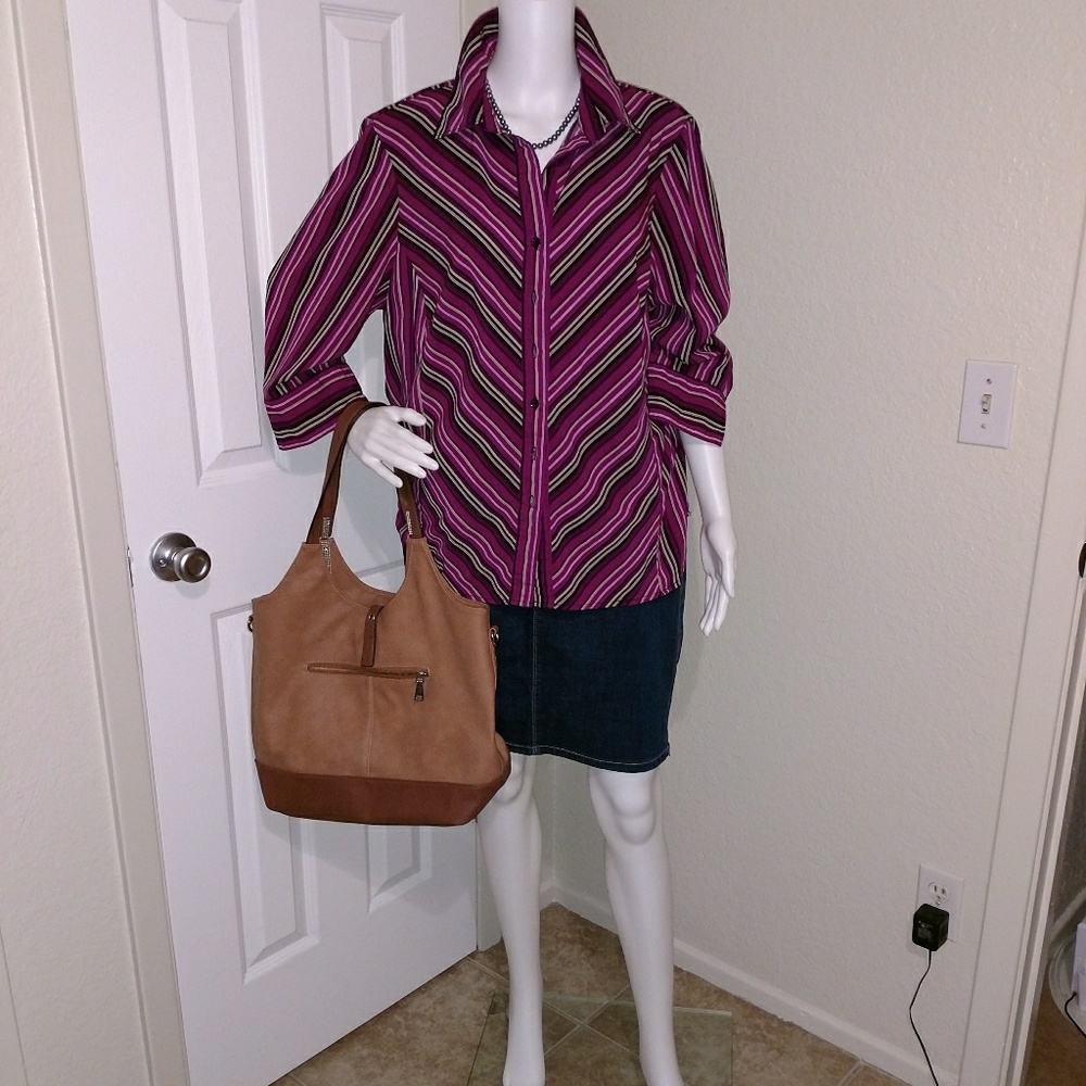 Button down, slimming patterned plus blouse.