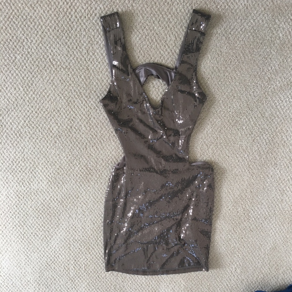 Brown sequin dress with dramatic back NYE ready!