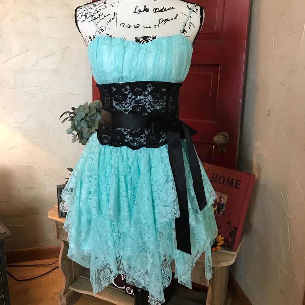 Turquoise and black formal dress