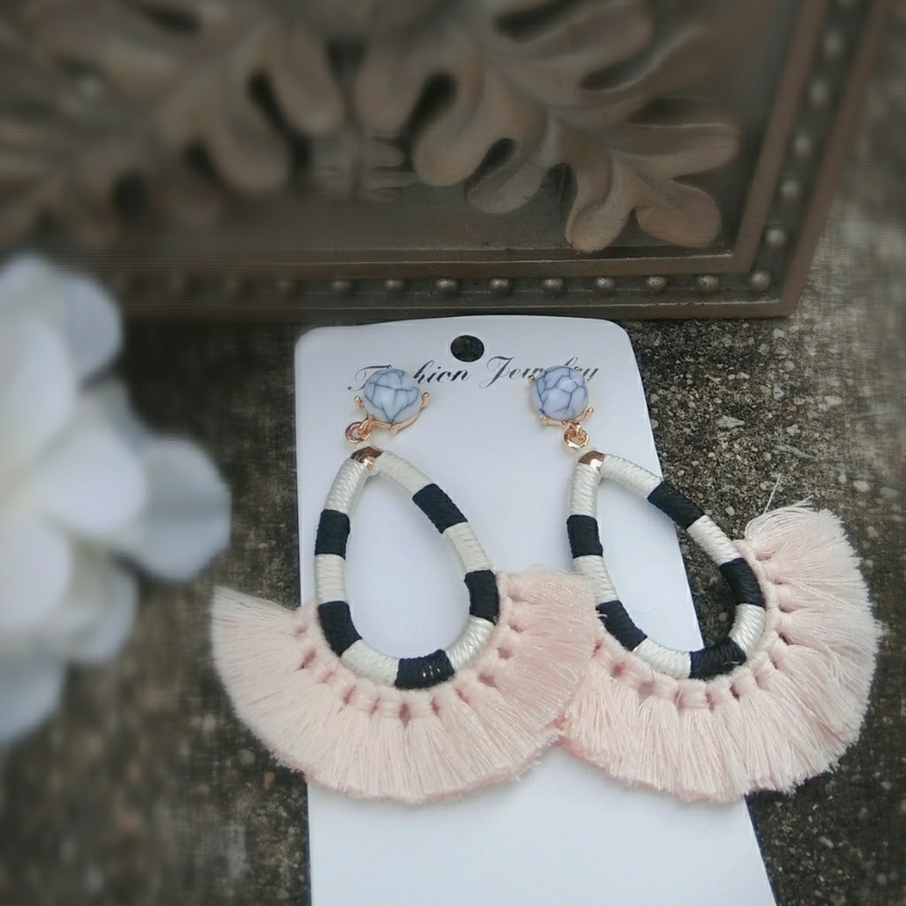 Pink Fringe Tassel Marbel Stud Earrings - Picture 1 of 4