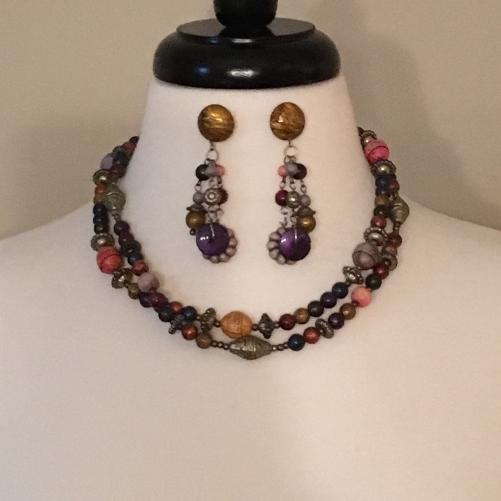 Jewel tone beaded necklace and earrings set
