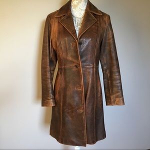R + D vintage looking long brown leather coat